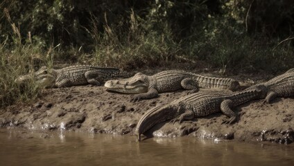 Obraz premium Crocodiles resting near a water's edge