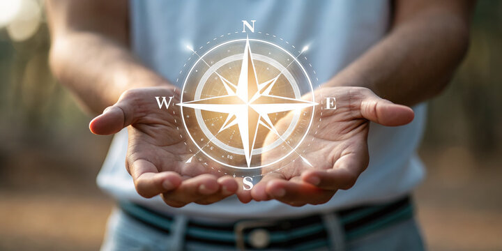 Technology and ai guide way with glowing compass in hands symbolizing direction and innovation in modern world