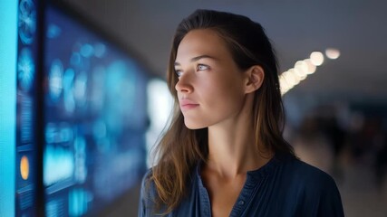 A professional woman gazes at interactive digital panels filled with analytics and information in a high tech setting. The scene conveys innovation, ambition, and future oriented thinking