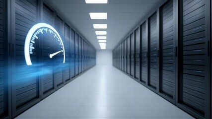 High speed data center corridor with glowing speedometer graphic, modern server racks, advanced technology, digital network infrastructure, fast internet, efficient connectivity, and secure - Powered by Adobe