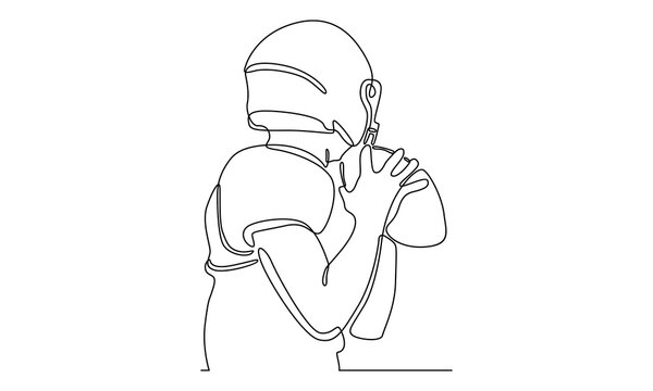 Continuous line of American football player holding a ball