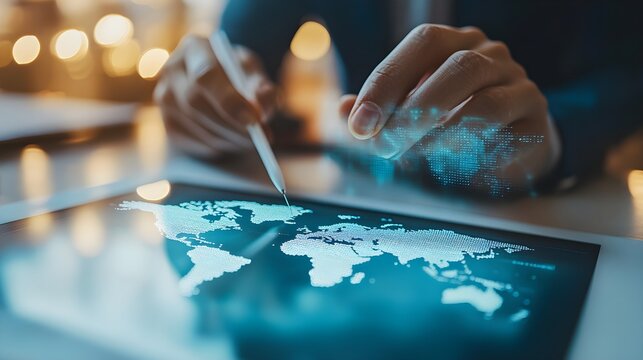 Person using a tablet with a digital world map