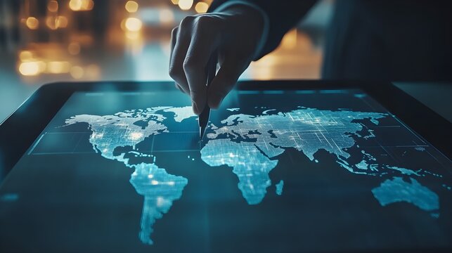 Person pointing at a digital world map on a touch screen.