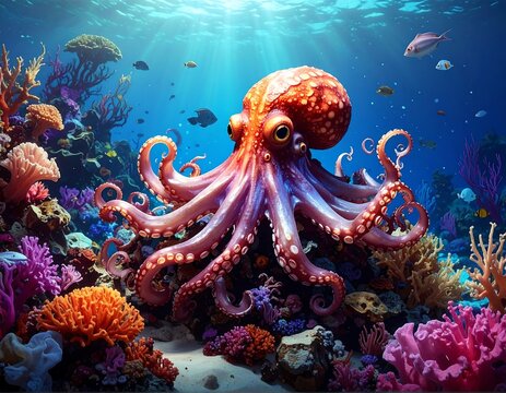 Underwater scene with octopus and coral reef. Vibrant colors, detailed design