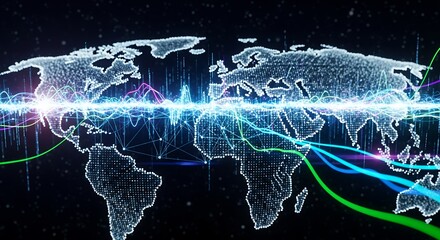 Dotted world map with colorful digital wave lines, interconnected networks, and glowing effects on dark background, concept for global communication, international business and data visualization