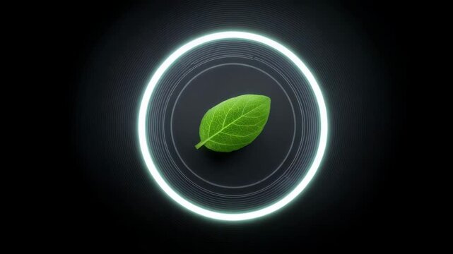 Green leaf glowing circle black background minimal nature eco abstract modern design with vibrant freshness, single green leaf centered in glowing concentric neon rings, eco friendly circular pattern