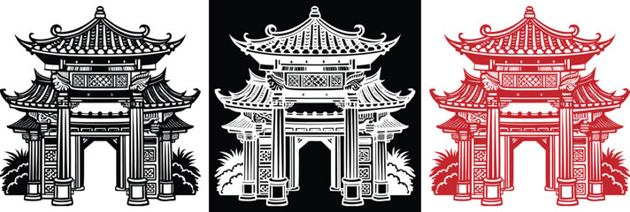 Stunning monochrome and red Chinese pagoda gate designs, perfect for cultural events, travel promotions, and eye-catching print projects, ready for use