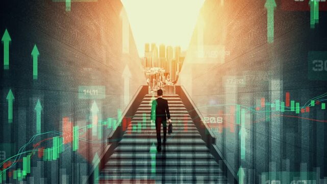 Loopable video of business growth potential concept with virtual graphic . Businessman with report chart up forward to career path growth and achievement in stock market investment . Seamless loop .