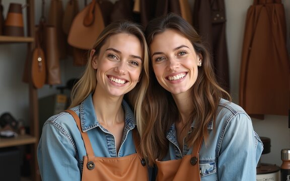 Portrait of two female business partners smiling at camera while posing in leatherworking workshop, copy space. High quality - Powered by Adobe