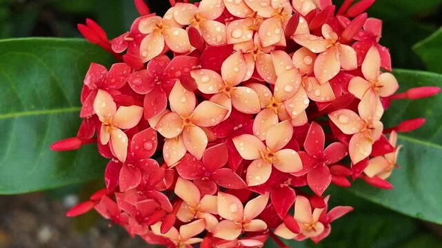 Ixora chinensis, commonly known as Chinese ixora or jungle flame, is a tropical shrub filmed in vivid 4K natural light, showcasing its vibrant flowers and habitat. Ideal for botany education, plant re