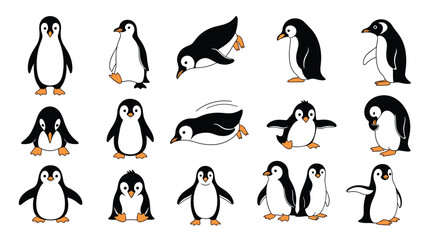 Obraz premium A delightful collection of cartoon penguins in various amusing poses showcasing their playful nature and unique charm.