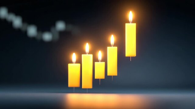 Candlestick chart with glowing candle flames and candlelight, five yellow candles in row, symbolizes finance, investment growth, optimism, positive market trend, flame, hope, and serene atmosphere