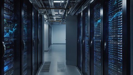 Server room corridor with glowing displays