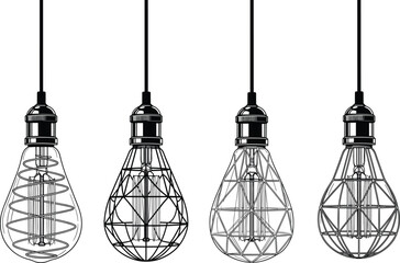 Vintage Edison light bulbs with geometric wireframe cages, industrial retro lamp design, black and white vector illustration, loft style lighting decor
