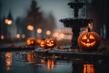 Spooky Halloween Pumpkins Gathered Around Fountain in Misty Evening Atmosphere with Flickering Lights and Autumn Leaves