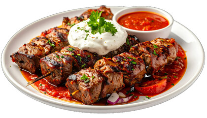 Grilled meat skewers arranged on a plate, served with a vibrant red sauce, creamy yogurt, and fresh parsley. The meat appears juicy and well-seasoned.