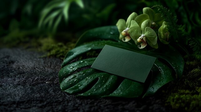 Green toned gift card on tropical leaves with orchids and mossy stone surface in fresh botanical spa mood