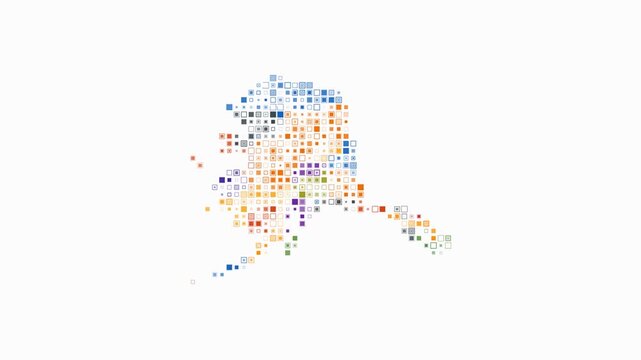 Alaska animated shape. Pulsating colored dots on the map of the state. Small size square blocks. Digital style Alaska map on white background. Abstract animation video.