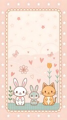 Cute Animal Silhouettes on Pastel Background. Repeating bunny and kitten silhouettes on soft pastel backdrop, stitched frame&mdash;whimsical design.