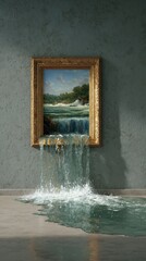 A gilded picture frame, housing a landscape painting, is overflowing with water that spills onto the floor