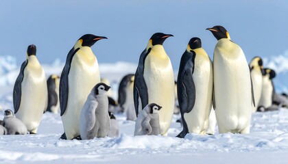 Fototapeta premium A group of emperor penguins stands on a snowy landscape, showcasing a family unit with adults and chicks.