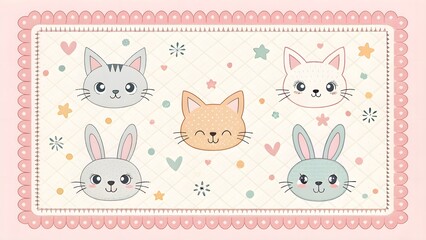 Cute Animal Silhouettes on Pastel Background. Repeating bunny and kitten silhouettes on soft pastel backdrop, stitched frame&mdash;whimsical design.