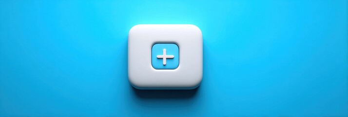 White Add Button Icon on Blue Background Representing an Application Interface, Showcasing Modern Design and Digital Creativity Concepts