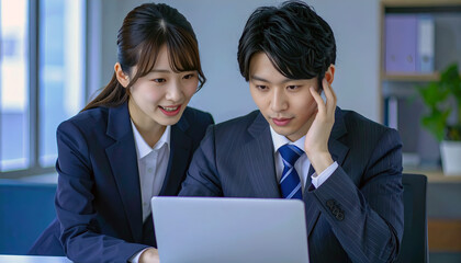 後輩の男性社員に仕事を教える女性社員