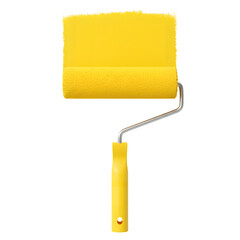 Obraz premium Bright yellow paint roller with fresh paint stroke on white background, perfect for design, art, renovation, and creative projects. Isolated on white or transparent background. PNG format.
