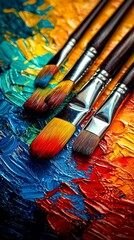 Obraz premium Paintbrushes on Vibrant Oil Paint Palette.