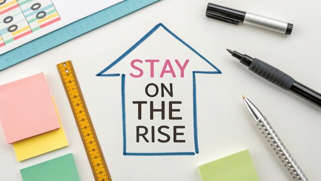 Stay on the Rise: Motivational Concept with Office Supplies and Colorful Post-it Notes for Productivity and Success