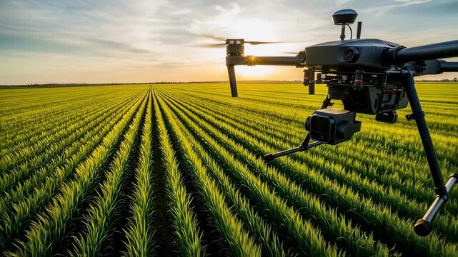 Medium shot of a drone flying low over green crop fields capturing detailed aerial data for precision agriculture and crop health monitoring.