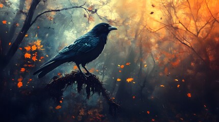 Fototapeta premium A black crow perches on a branch in a misty autumn forest, surrounded by falling leaves.