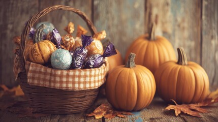 Autumn Harvest Basket with Colorful Treats and Pumpkins Against Rustic Wooden Background