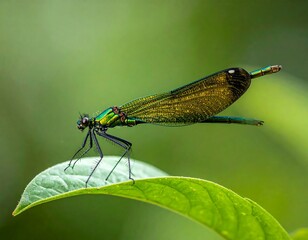 Close-up of a colorful dragonfly on a leaf