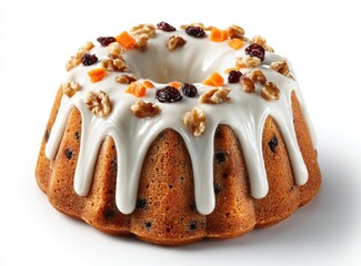 Glazed bundt cake topped with nuts, raisins, and candied fruit