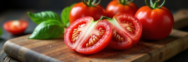 Sliced ripe tomato on weathered cutting board , texture, cutting board