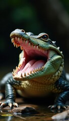 Small alligator on back, jaws open wide, showcasing pink mouth, vulnerable, fauna, gums