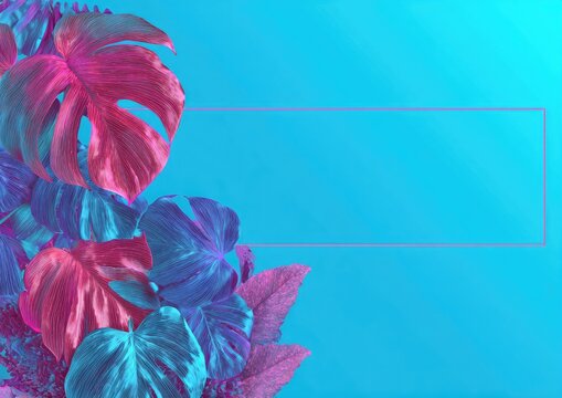 Tropical leaves in vibrant pink and blue tones frame a rectangular space against a gradient background - Powered by Adobe