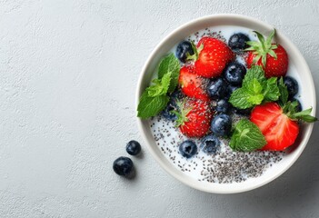 Bowl of yogurt topped with berries and chia seeds
