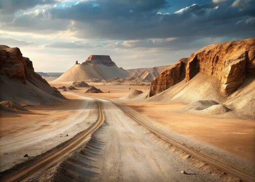 Deserted quarry landscape with macadam road and heaps of sand