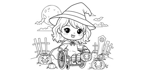 Cute Halloween Coloring Page with Girl in Wheelchair Witch Costume