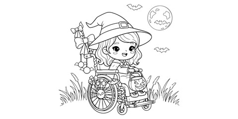 Spooky Cute Witch Girl in Wheelchair with Simple Background