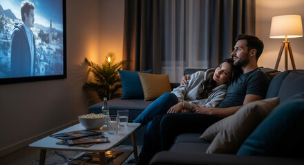 Naklejka premium Romantic evening at home a young couple watches a movie on tv, cuddling on the sofa with popcorn and drinks, enjoying a relaxing night in their cozy living room
