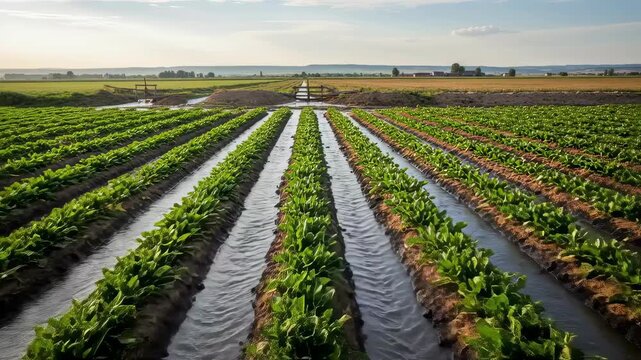 Flood irrigation method seen in action with channels directing water to sugar beet rows highlighting traditional watering practices in agriculture.