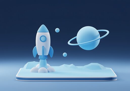 Stylized 3D Rocket Launching from a Lunar Surface with a Planet in the Background representing Space Exploration and Innovation