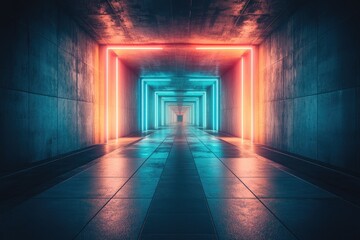Obraz premium Glowing neon portal into distant vanishing point