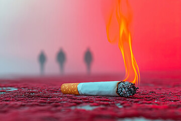 A burning cigarette lies on a vibrant surface, with shadowy figures in the background, creating a thought-provoking atmosphere.
