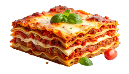 A square-shaped lasagna with multiple layers of pasta, meat sauce, and cheese, topped with fresh basil leaves.