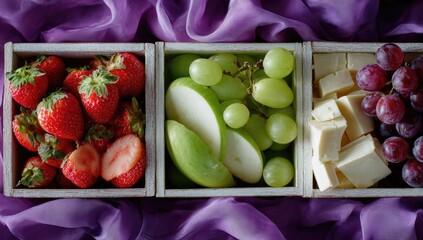 Three small wooden boxes, each containing a different fruit or cheese. Fresh strawberries, apple slices, green grapes, and cheese cubes. Purple fabric background